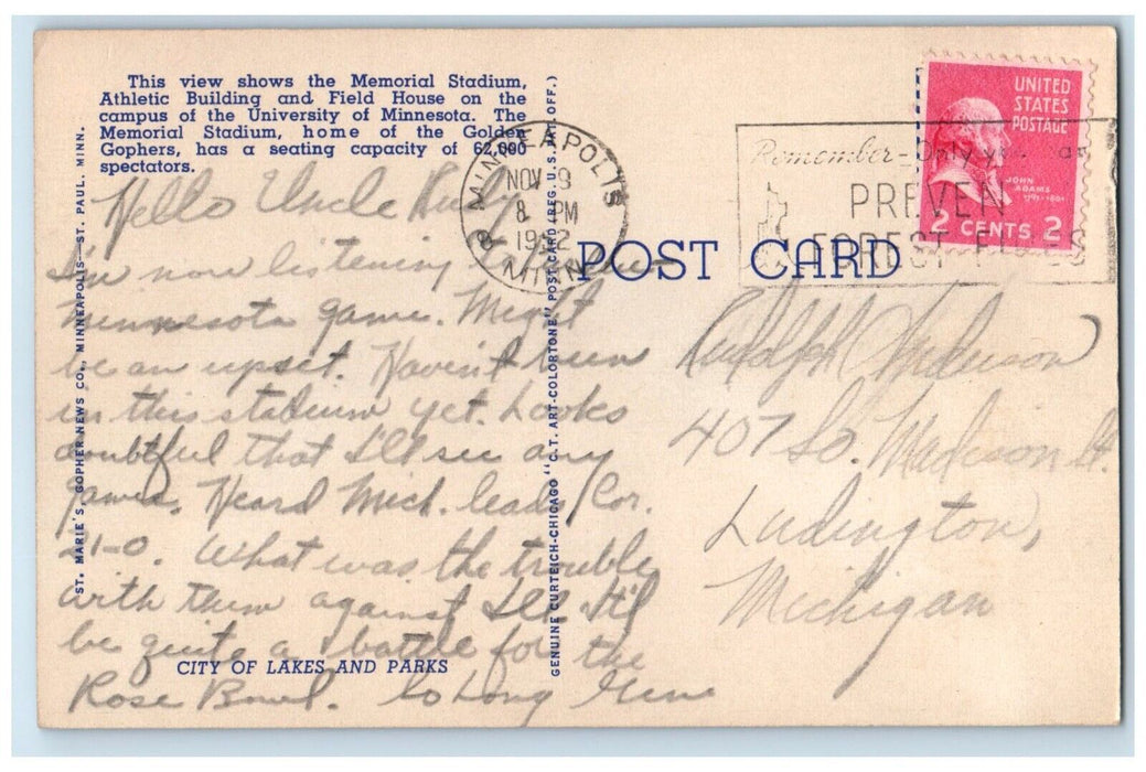1952 Memorial Stadium University Field Minnesota Minneapolis Minnesota Postcard