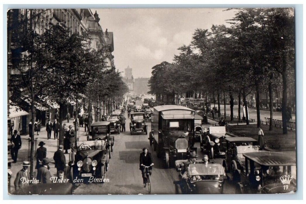 1932 Busy Street View Bicycle Linden Trees Berlin Germany RPPC Photo Postcard