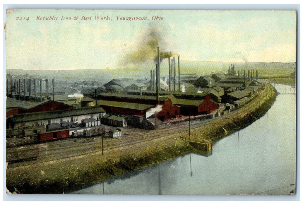 1911 Aerial View Republic Iron Steel Works Factory Youngstown Ohio OH Postcard