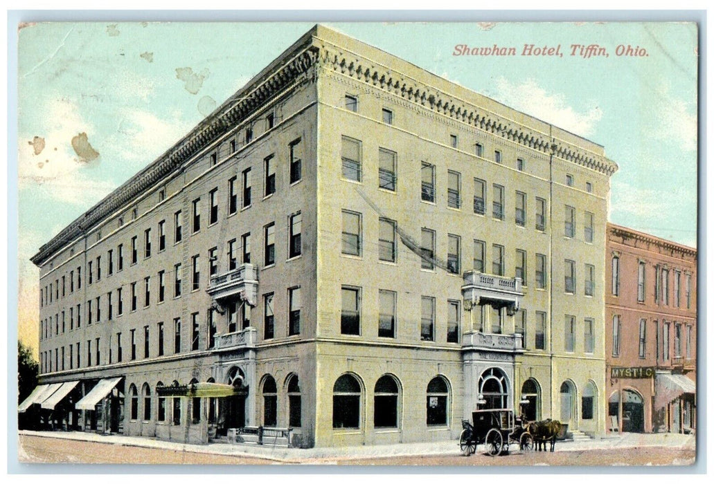 1910 Exterior View Shawhan Hotel Building Horse Carriage Tiffin Ohio OH Postcard