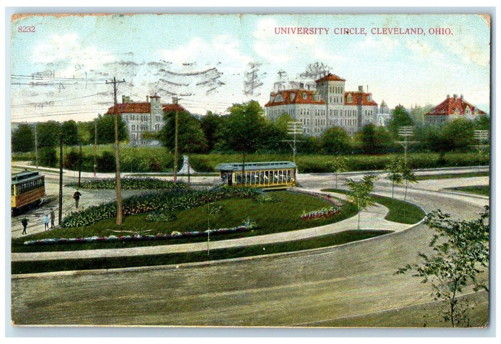 1909 University Circle Streetcars Trolley Buildings Cleveland Ohio OH Postcard