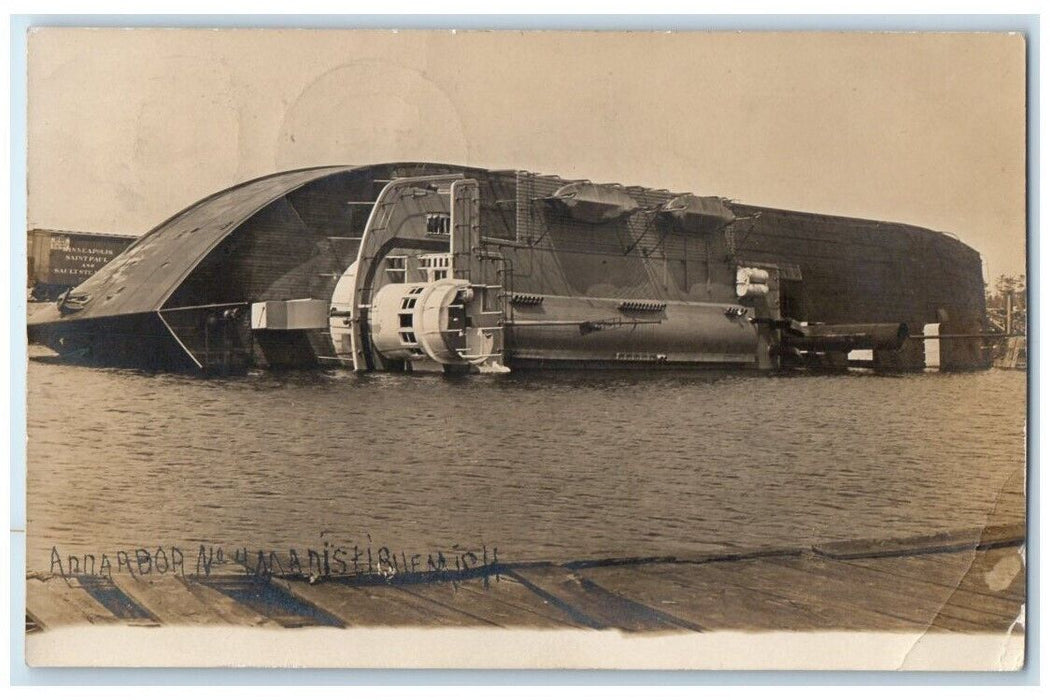 1910 Ann Arbor No. 4 Capsize Ship Disaster Manistique MI RPPC Photo Postcard