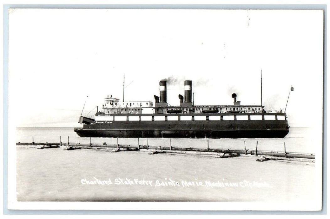 c1940's Steamer Railway Ferry Sainte Marie Mackinaw MI RPPC Photo Postcard