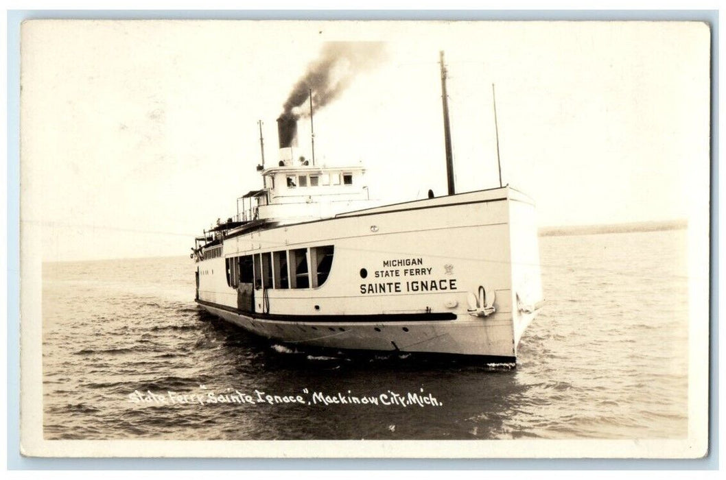 1934 Michigan State Ferry Sainte Ignace Ship Mackinaw MI RPPC Photo Postcard