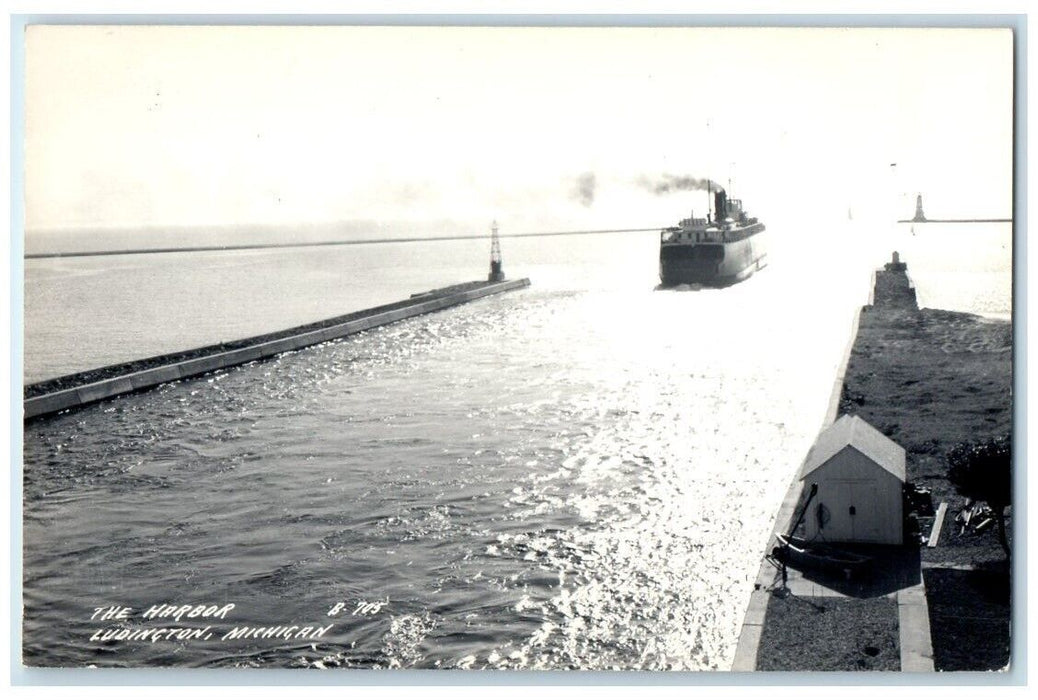 c1940's Harbor Ferry View Ludington Michigan MI RPPC Photo Steamer Ship Postcard