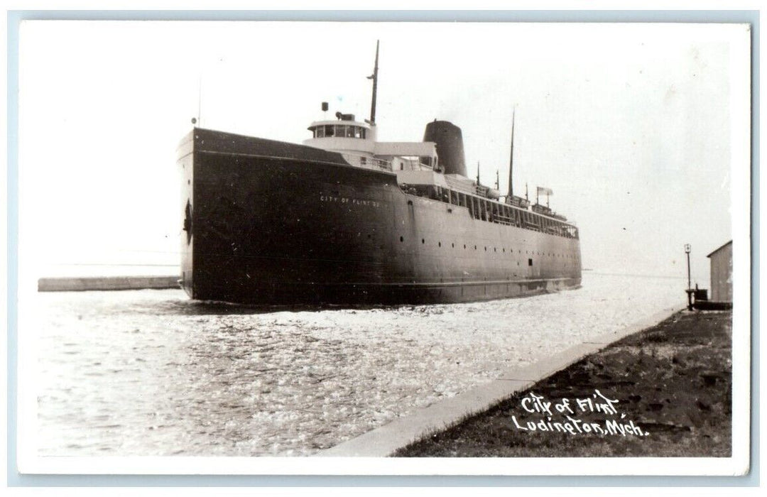 1950 City Flint Car Ferry Boat Ship Ludington Michigan MI RPPC Photo Postcard