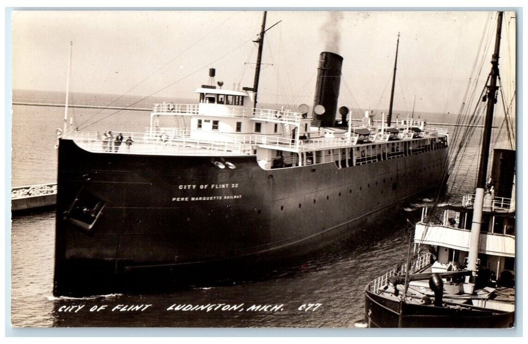 c1940's Car Ferry City Flint # 32 Ludington Ship Steamer MI RPPC Photo Postcard