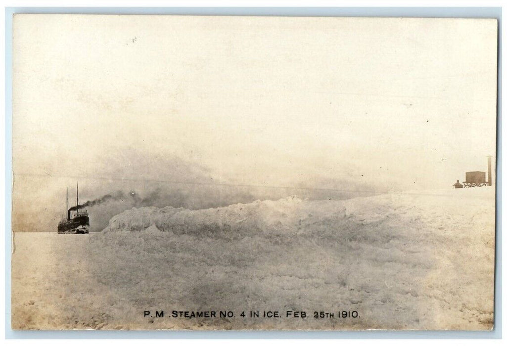1910 Pere Marquette Steamer #4 In Ice Manistee MI RPPC Photo Ship Postcard