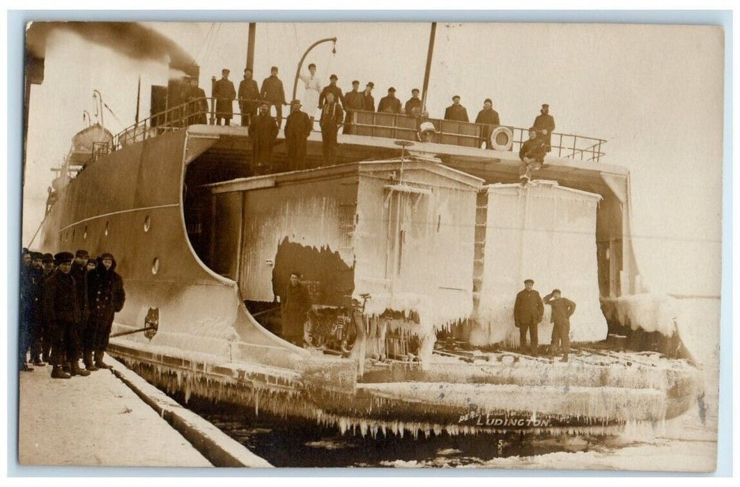 1909 Train Car Ferry Number 17 Ice View Ludington MI RPPC Photo Postcard