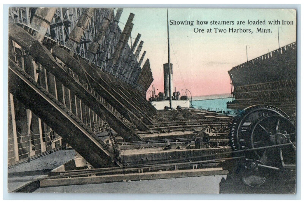 1908 Steamers Loaded With Iron Ore At Two Harbors Minnesota MN Antique Postcard