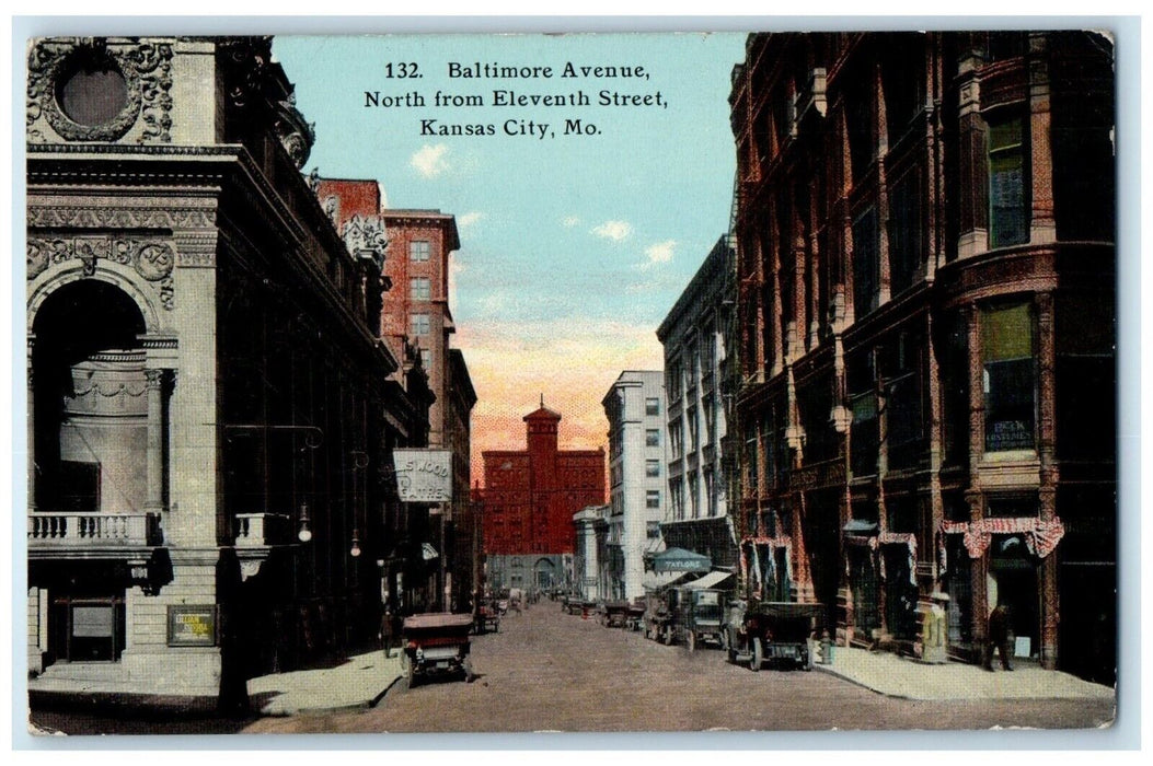 c1910's Baltimore Avenue North From Eleventh Street Kansas City MO Postcard