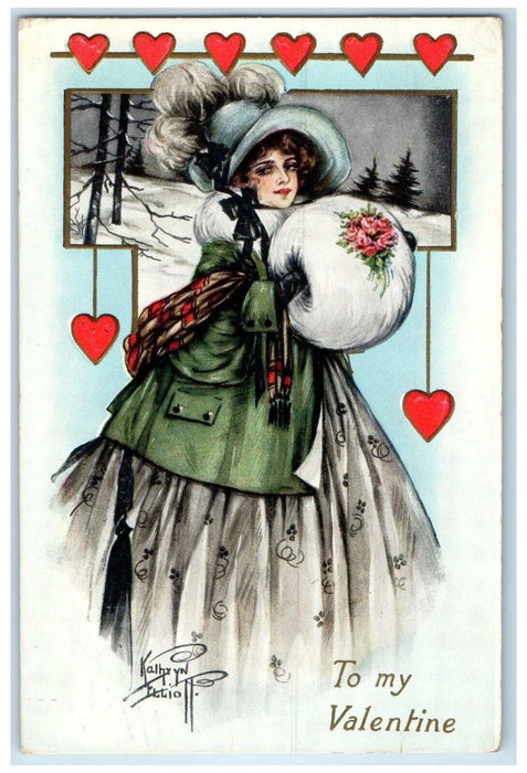 1914 Valentine Pretty Woman Big Hat Handwarmer With Hearts Embossed Postcard