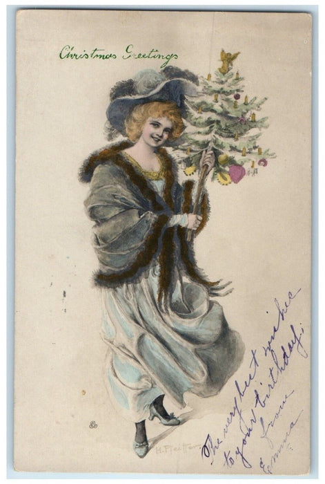 Christmas Greetings Pretty Woman Holding Christmas Tree Milwaukee WI Postcard