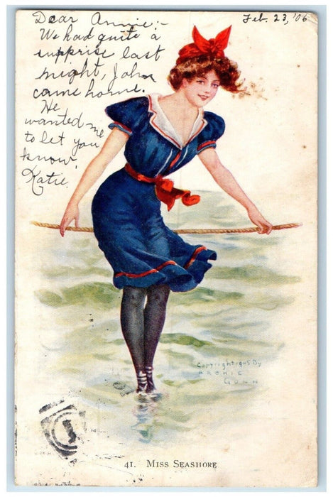 1906 Pretty Woman Miss Seashore Rope Archie Gunn So. Willington CT Postcard