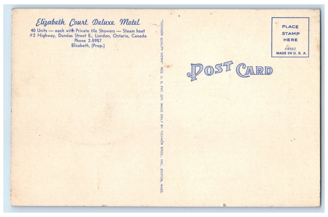 c1940's Elizabeth De Luxe Motel London Ontario Canada Vintage Unposted Postcard