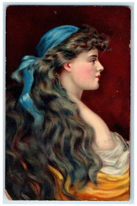 1913 Pretty Woman Curly Long Hair Bonnet Auburn Massachusetts MA Posted Postcard