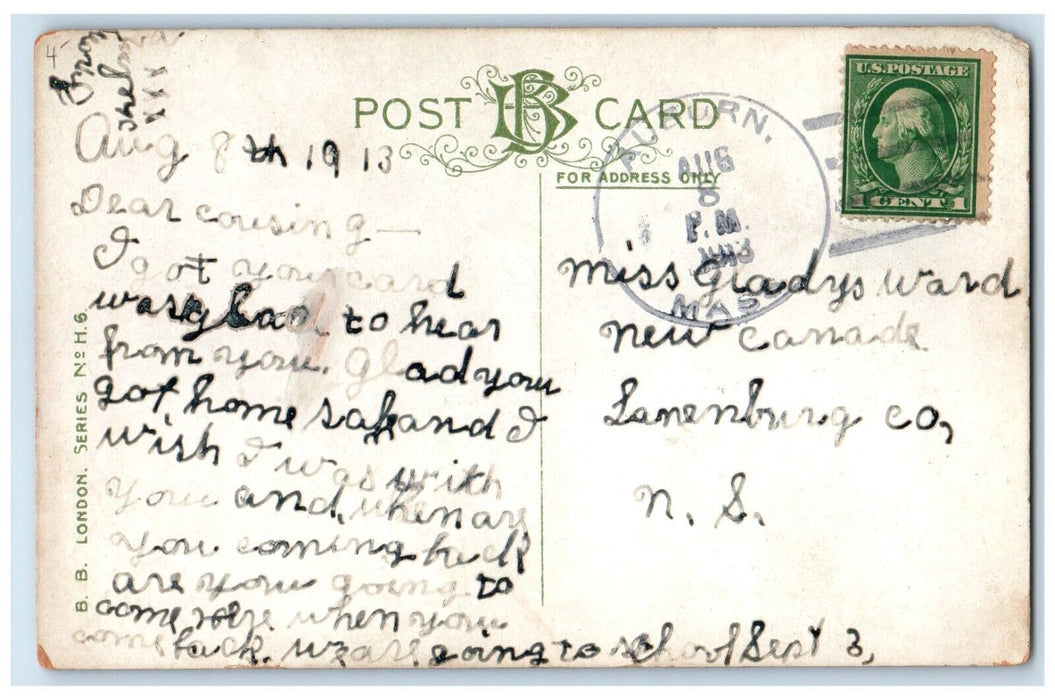 1913 Pretty Woman Curly Long Hair Bonnet Auburn Massachusetts MA Posted Postcard