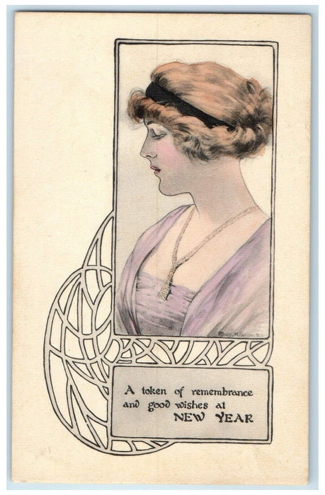 c1910's New Year Victorian Pretty Woman Brown Hair Unposted Antique Postcard