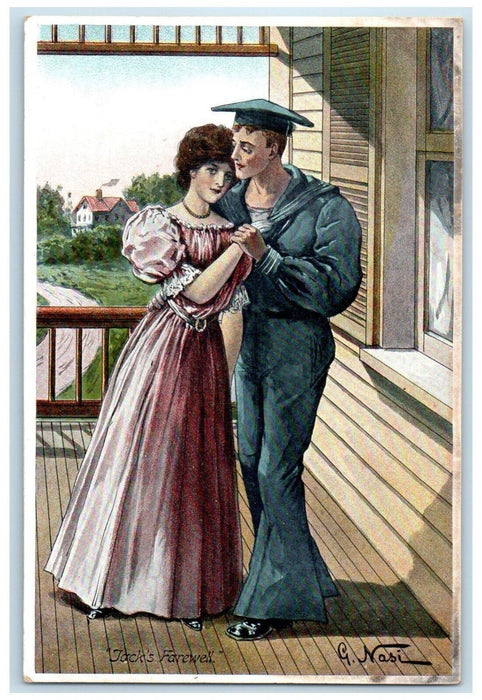c1910's Sweet Couple Hugging Sailor Jack's Farewell Unposted Antique Postcard