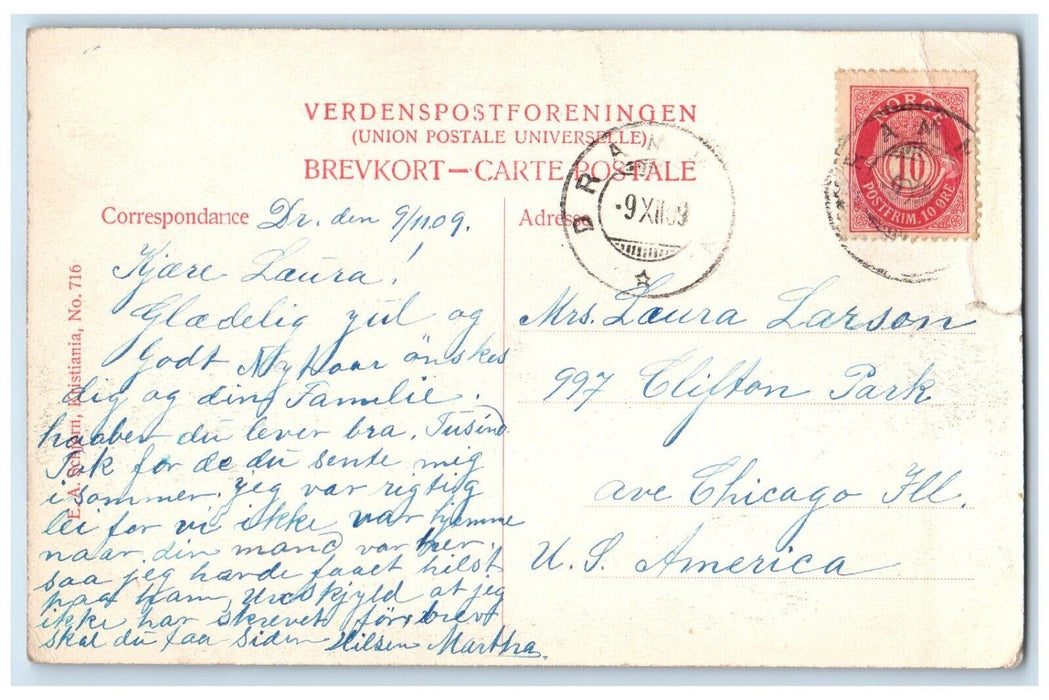 1909 Horse Houses Winter in Norway Antique Posted EA Schjern Postcard