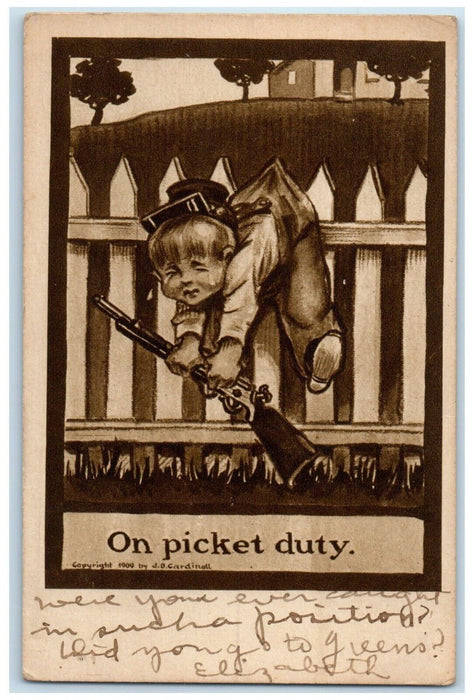 1909 Little Boy Crying With Gun On Picket Duty Sullivan Illinois IL Postcard
