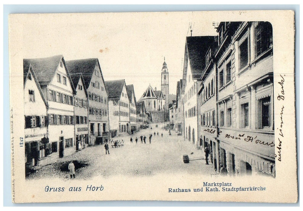 c1905 Marketplace Town Hall Catholic Church Greetings from Horb Germany Postcard