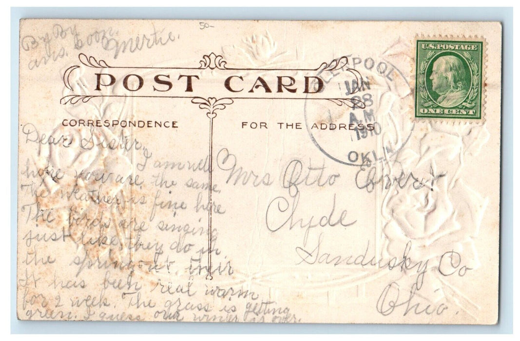 1910 View Of Green Oil Field Sapulpa Oklahoma OK, Flowers Embossed Postcard