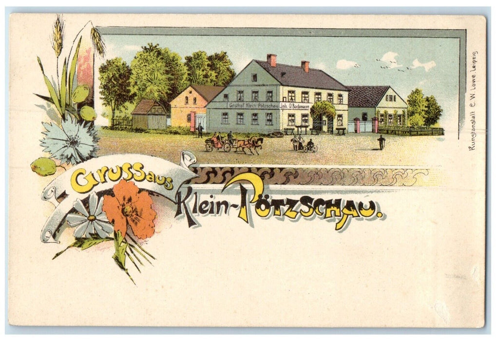 c1905 Greetings from Klein Potzschau Germany Horse Carriage Antique Postcard