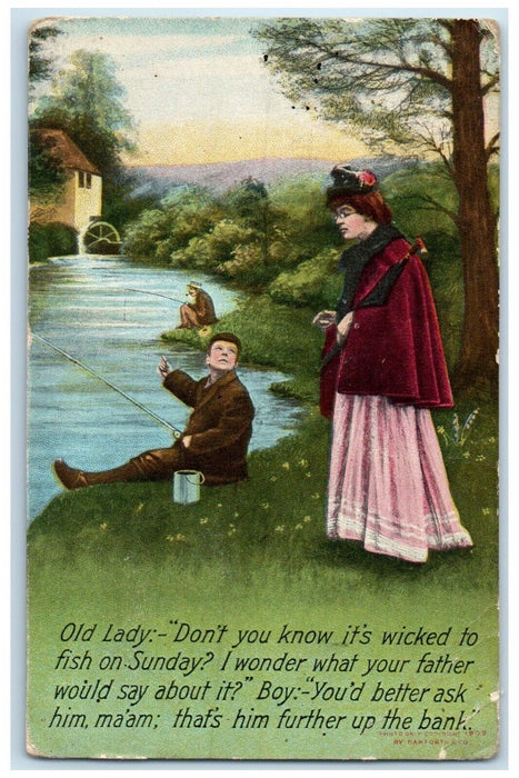 1909 Old Lady Boy Fishing Mill Boston Massachusetts MA Bamforth Antique Postcard