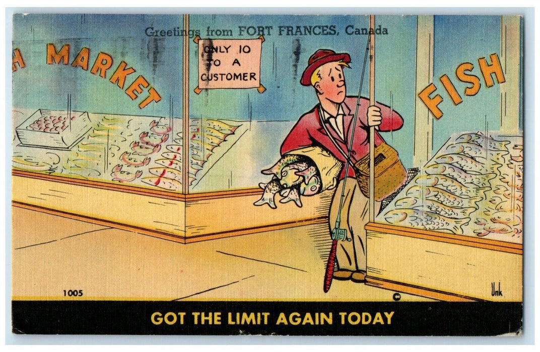 Greetings From Fort Frances Canada, Man At The Market Fishing Humor Postcard