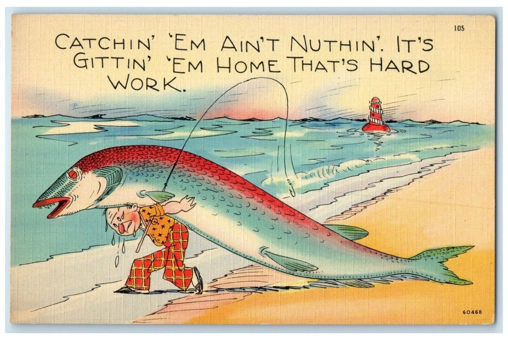 c1930's Old Man Cached Exaggerated Fish Lighthouse Unposted Vintage Postcard