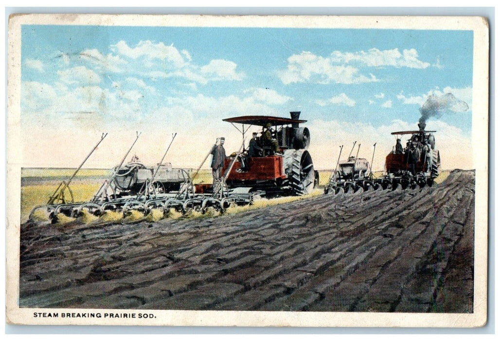 1913 Steam Breaking Prairie Sod South Dakota SD Montana Miles City RPO Postcard