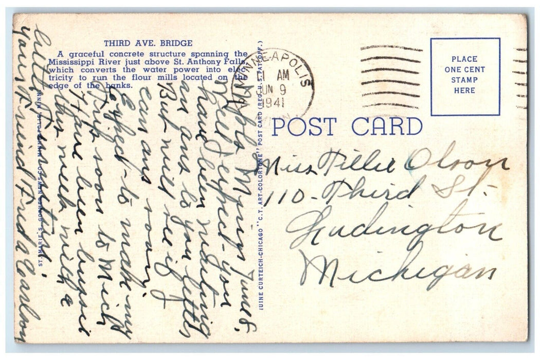 1941 Third Avenue Bridge Showing Milling Section Minneapolis Minnesota Postcard