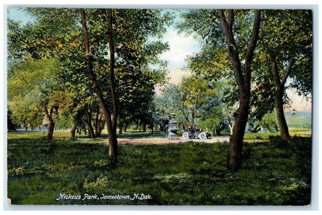 c1910 Nickeus Park Field Trees Classic Car Grass Jamestown North Dakota Postcard