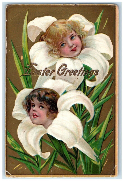 c1910's Easter Greetings Little Girl Head In Lily Flowers Embossed Postcard