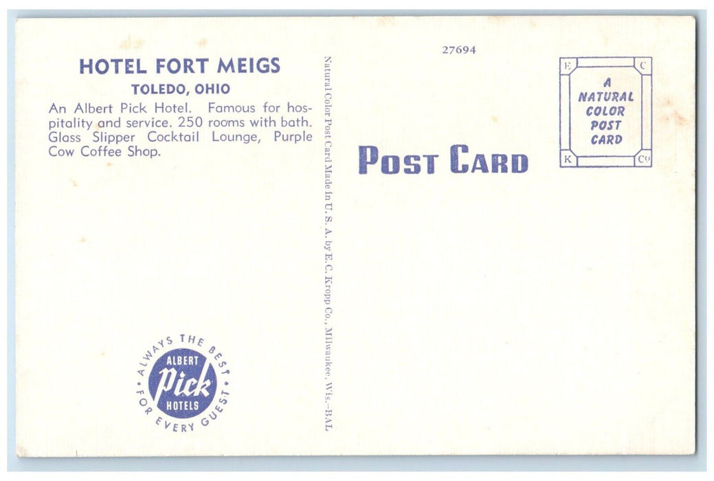 c1940 Fort Meigs Hotel Exterior Building Cocktail Lounge Toledo Ohio OH Postcard