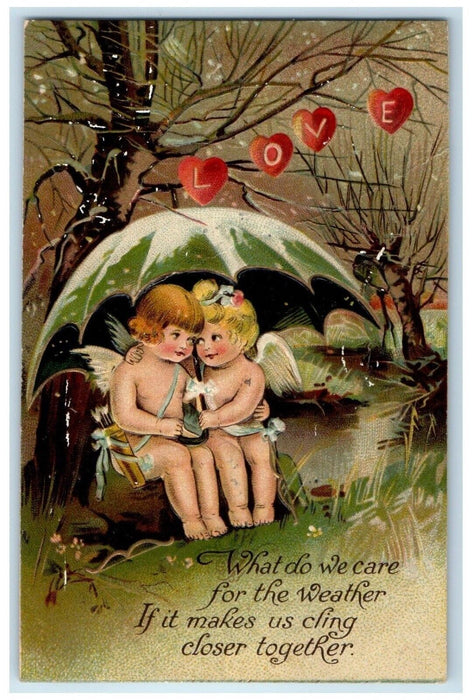 c1910's Valentine Cupid Angels With Umbrella Hearts Winter Embossed Postcard