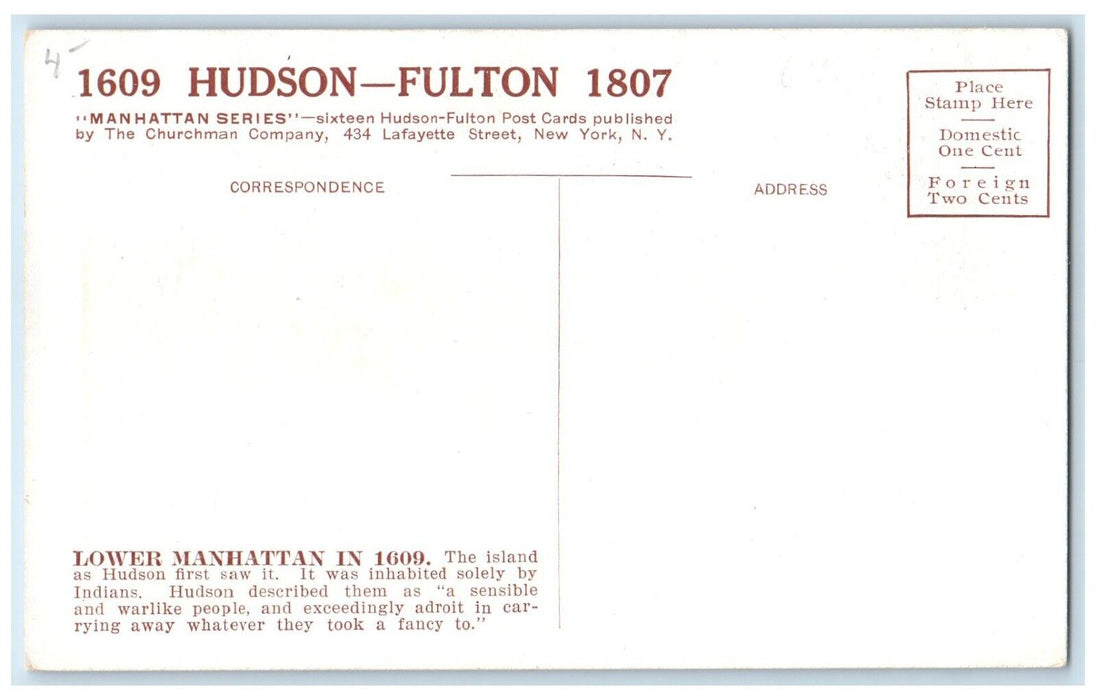c1910's Lower Manhattan 1609 As Hudson First Saw It Ship New York NY Postcard