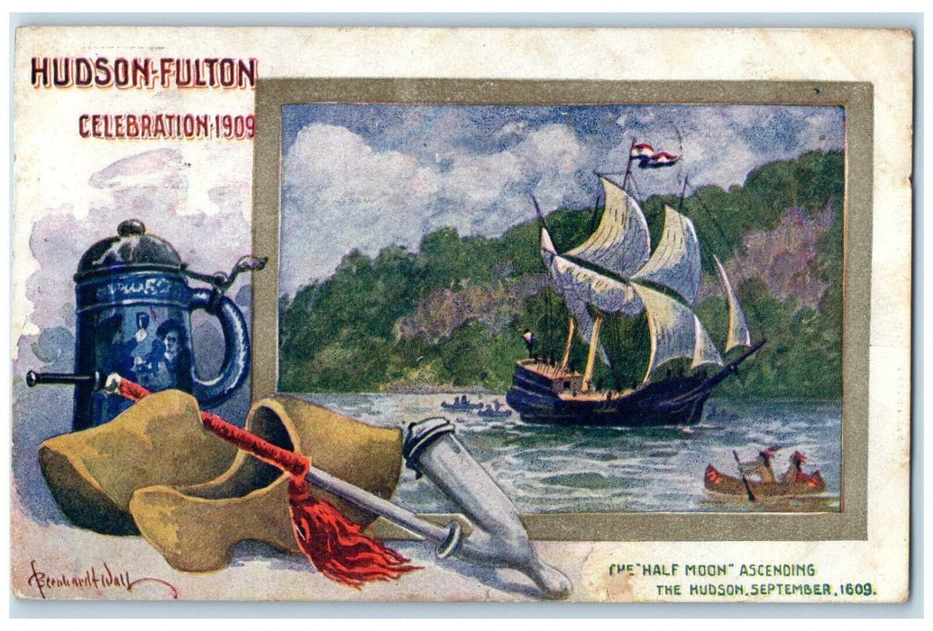 1909 Hudson Fulton Celebration Half Moon Ascending Dutch Shoe Pipe Postcard