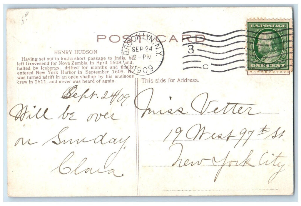 1909 Henry Hudson Shallop Boat Brooklyn New York NY Posted Antique Postcard