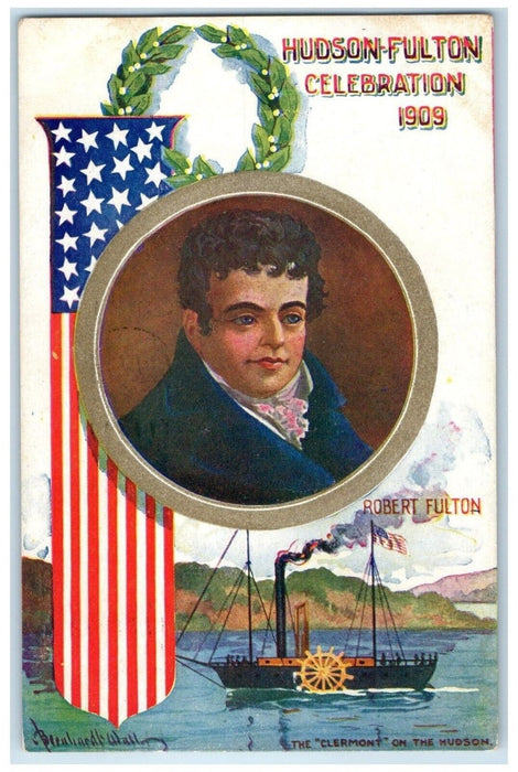 1909 Hudson Fulton Celebration Robert Fulton Steamer Ship Wall Antique Postcard