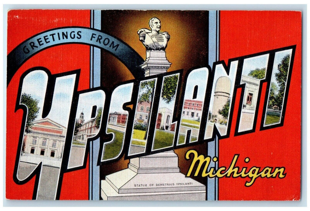 c1940 Greetings From Ypsilanti Michigan MI Banner Large Letters Vintage Postcard