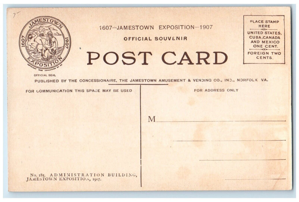 1907 Administration Building Jamestown Exposition Norfolk Virginia VA Postcard