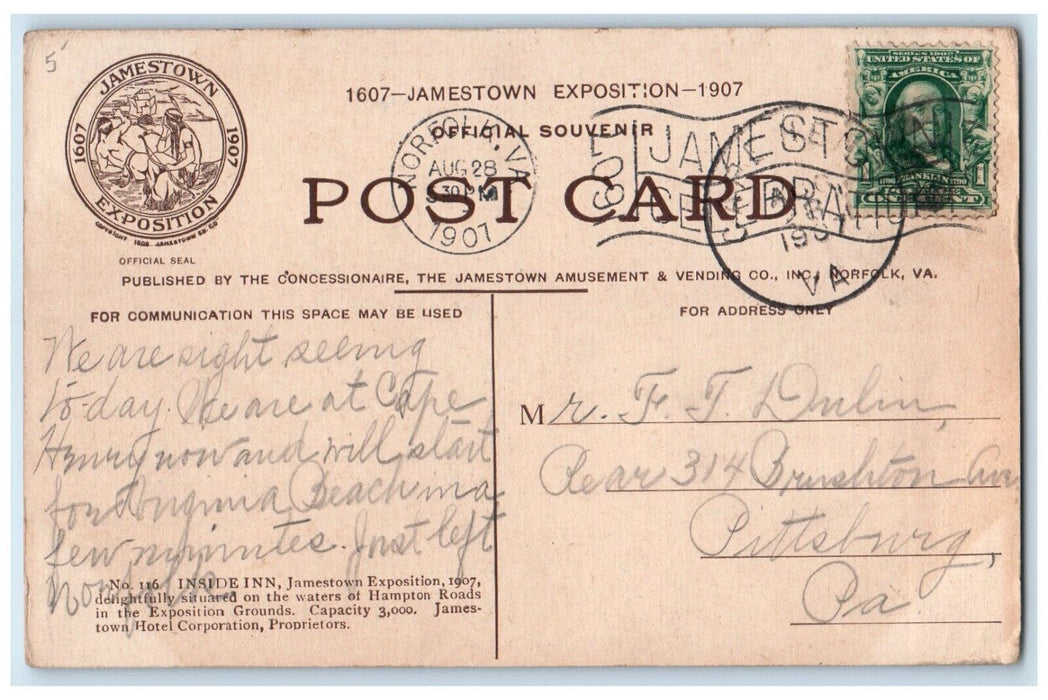 1907 Inside Inn Horse Wagon Jamestown Exposition Norfolk Virginia VA Postcard