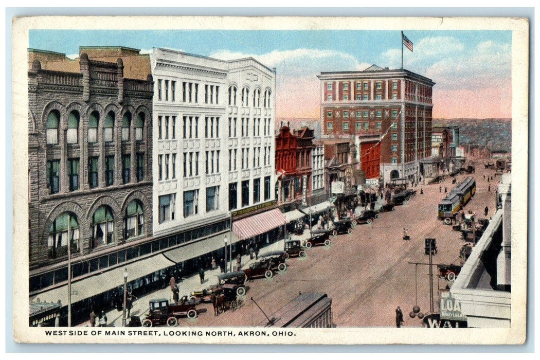 1915 West Side Main Street Looking North Classic Car Trolley Akron Ohio Postcard