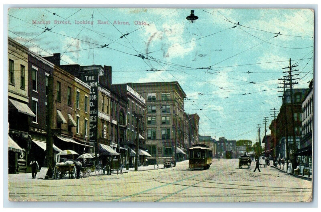 1915 Market Street Looking East Streetcar Horse Carriage Akron Ohio OH Postcard