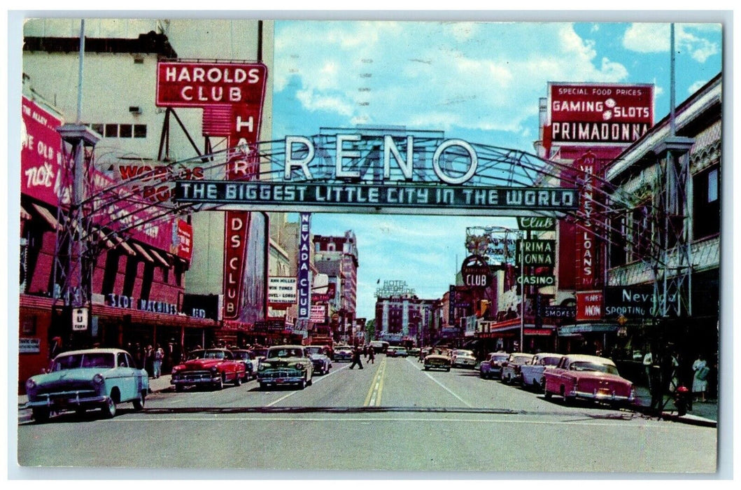 1962 Arch Looking South Virginia Street Classic Car Reno Nevada Vintage Postcard