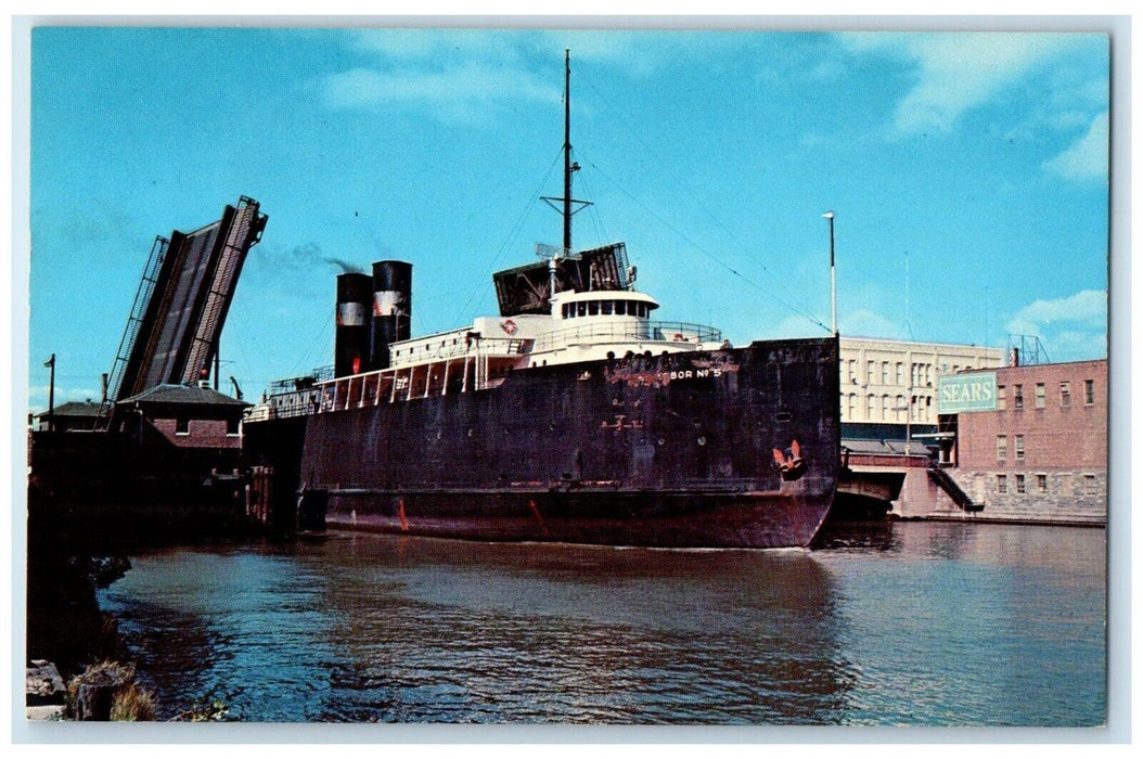 c1960 Carferry Passing Through St. Bridge Steamer Manitowoc Wisconsin Postcard