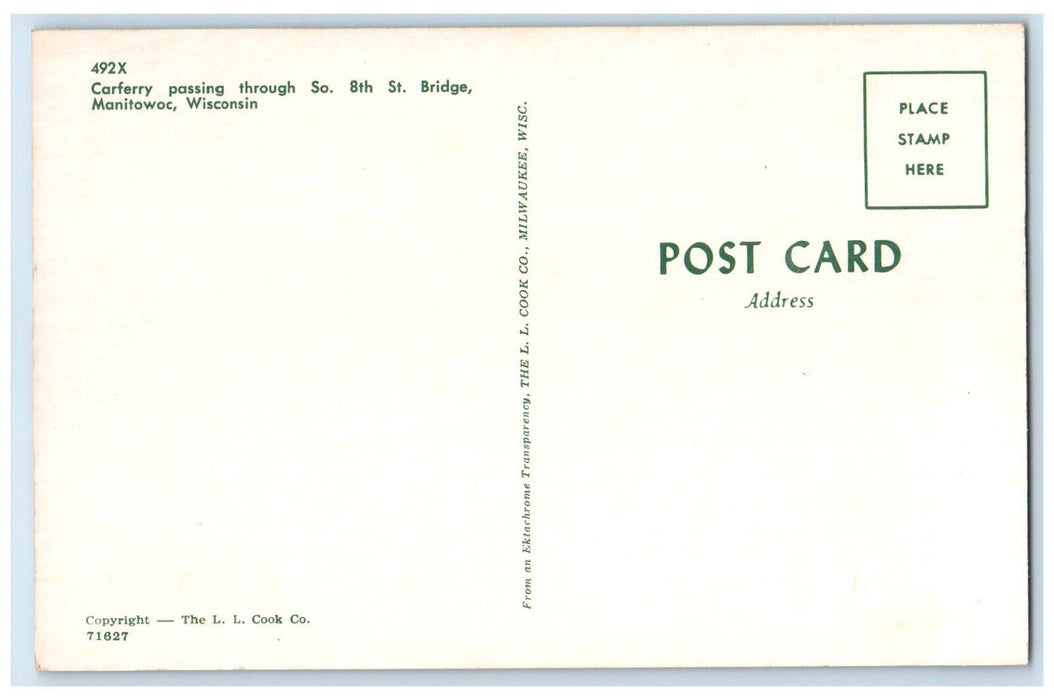 c1960 Carferry Passing Through St. Bridge Steamer Manitowoc Wisconsin Postcard