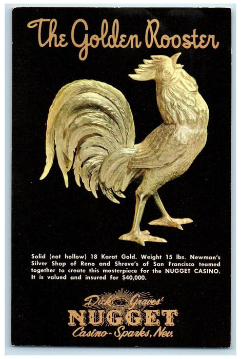 c1960 Golden Rooster Dick Graves Nugget Casino Sparks Nevada NV Vintage Postcard